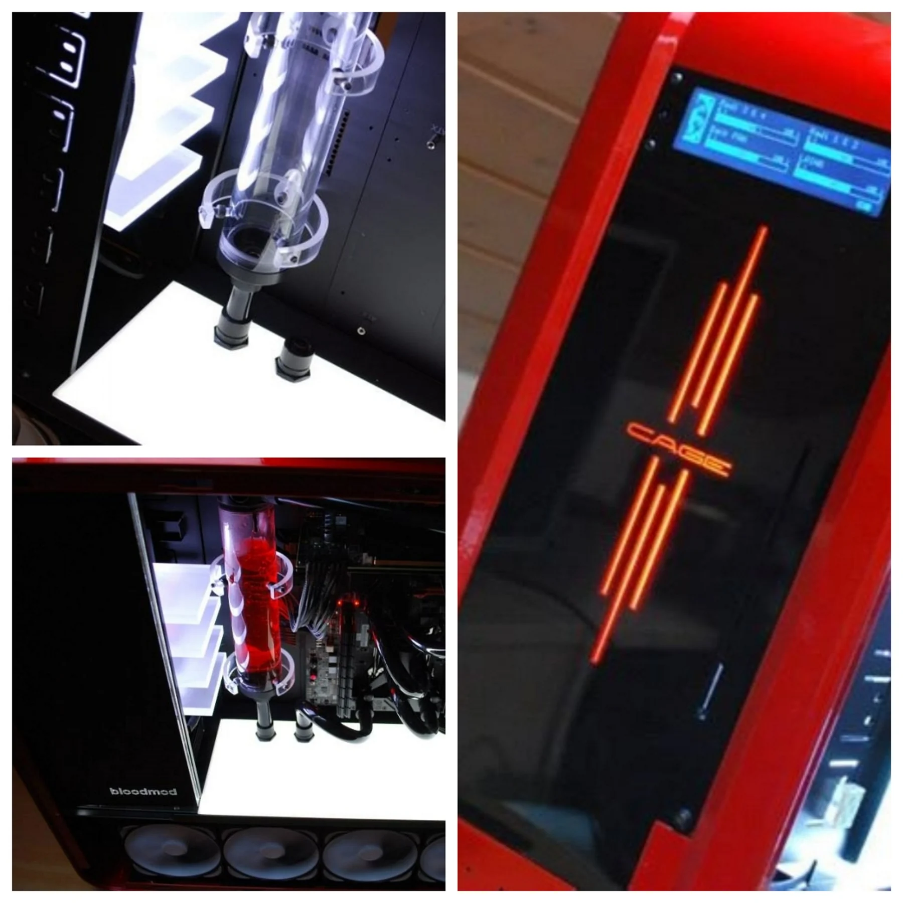 TJ07 BloodMod Dormant Red: Collage aus Ausgleichsbehälter, Innenraum und beleuchteter CAGE-Front